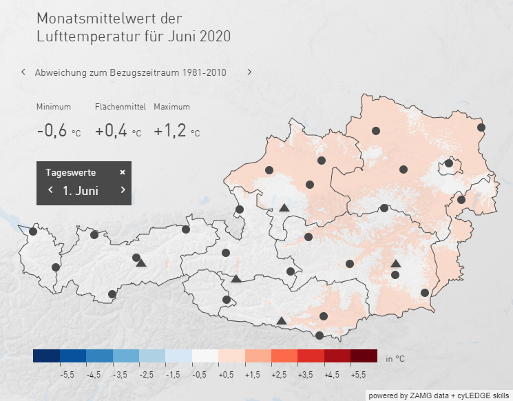 Temperaturverteilung über Österreich im Juni 2020. Auffällig ist die sehr homogene Verteilung. Quelle: ZAMG