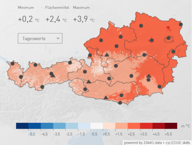 Österreichweite Temperaturabweichung des März 2019 im Vergleich mit der Periode von 1981 bis 2010; Quelle: ZAMG